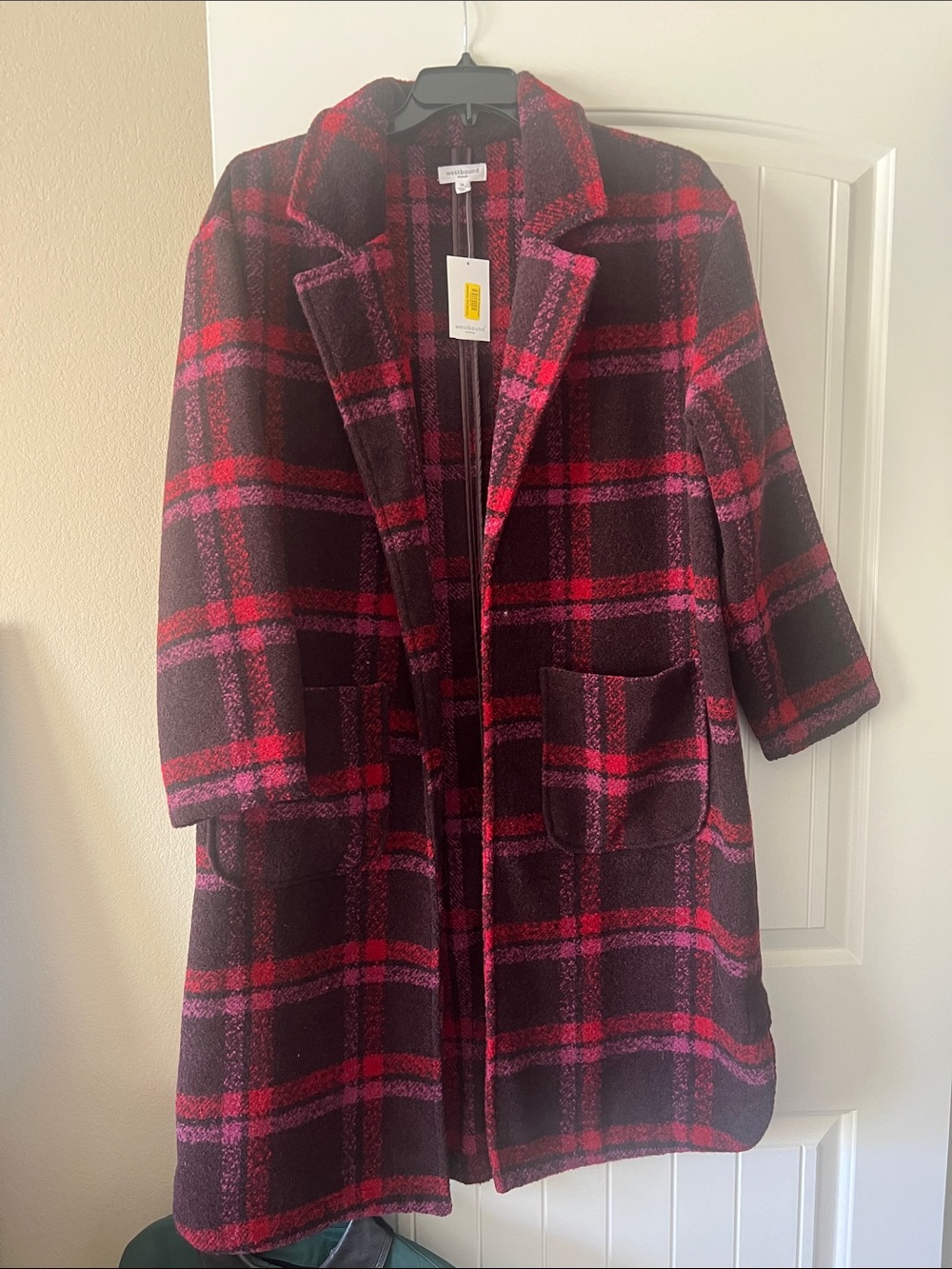 Plaid Open-Front Coat in Burgundy and Pink